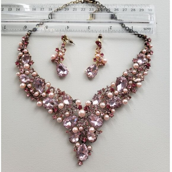 Pink Pearl and Rhinestone crystal jewelry set - Picture 2 of 6
